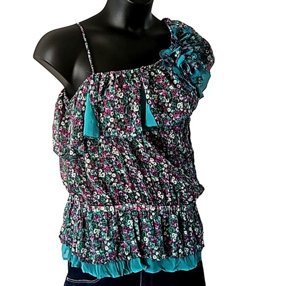 Excellent Lulumari Women’s Asymmetrical Ruffle Short Sleeve Blouse Size Large - Picture 10 of 11